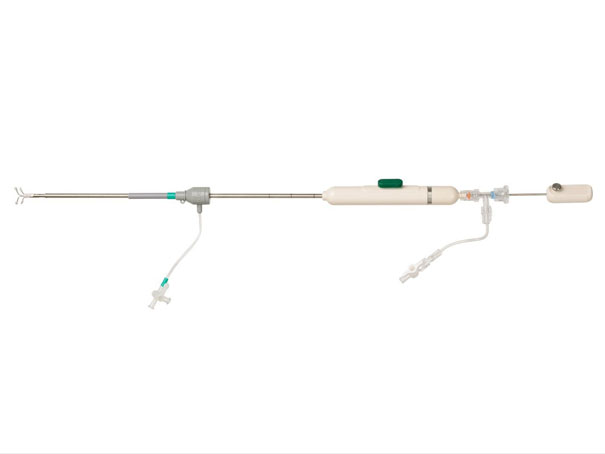 Abbildung eines Modells des V-Clamps mit zugehörigem Implantationssystem.